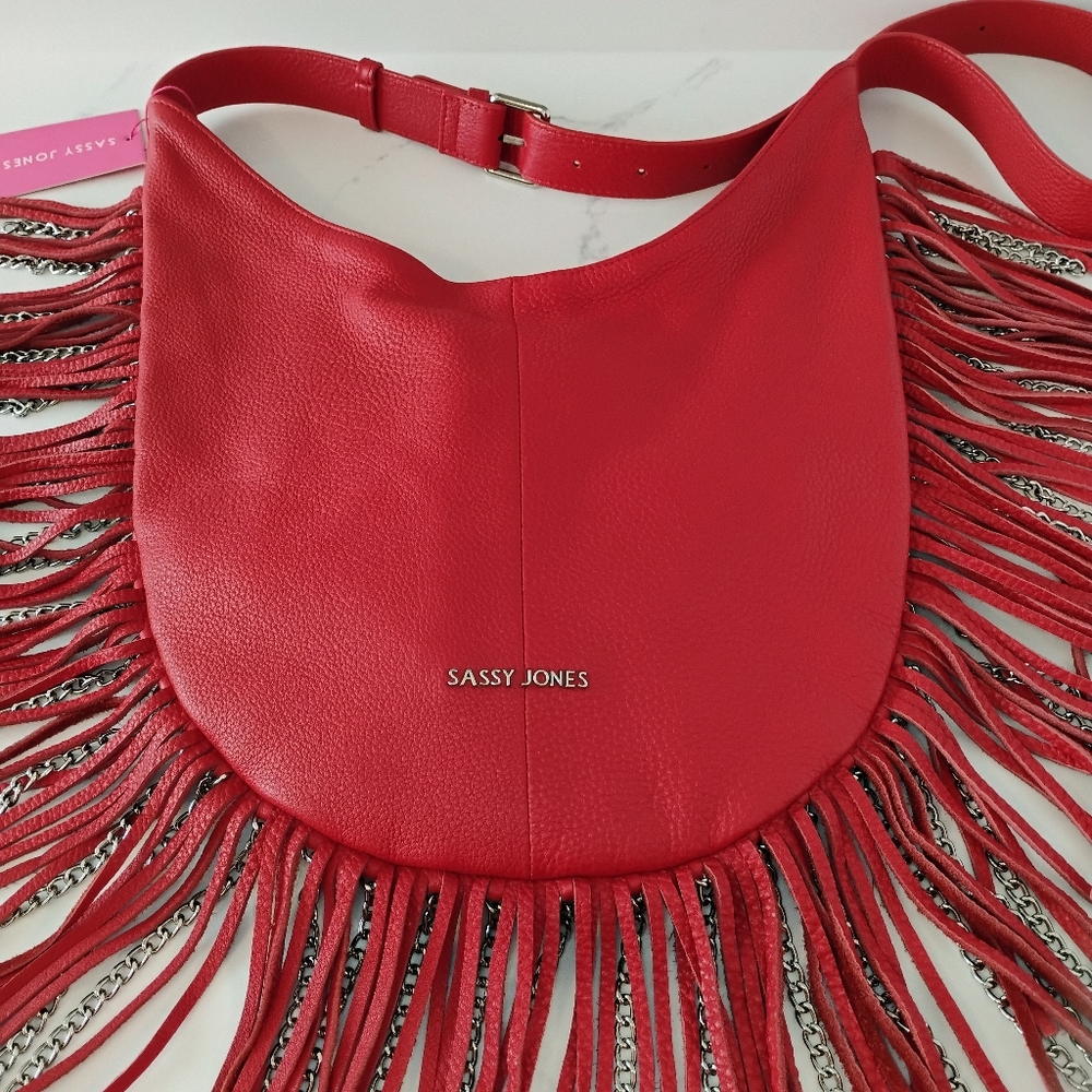 NWT Sassy Jones Leather Bag - Red Dina Pebbled Leather Fringe Crossbody Hobo - Picture 3 of 13